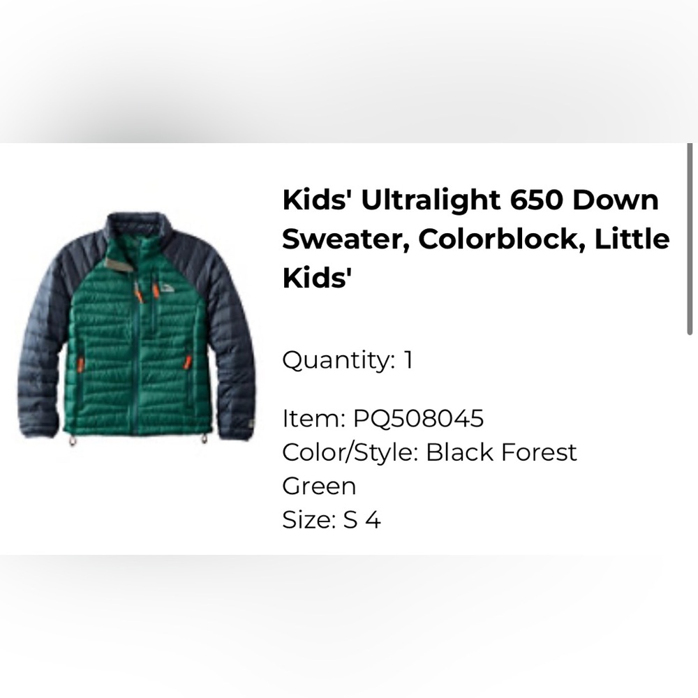 LL Bean Boys Ultralight 650 Down Jacket- size 4
